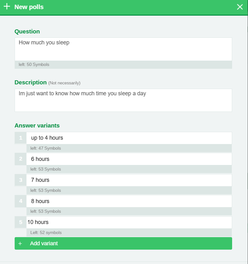 Create your own public opinion poll: Add the title, description, and answer options